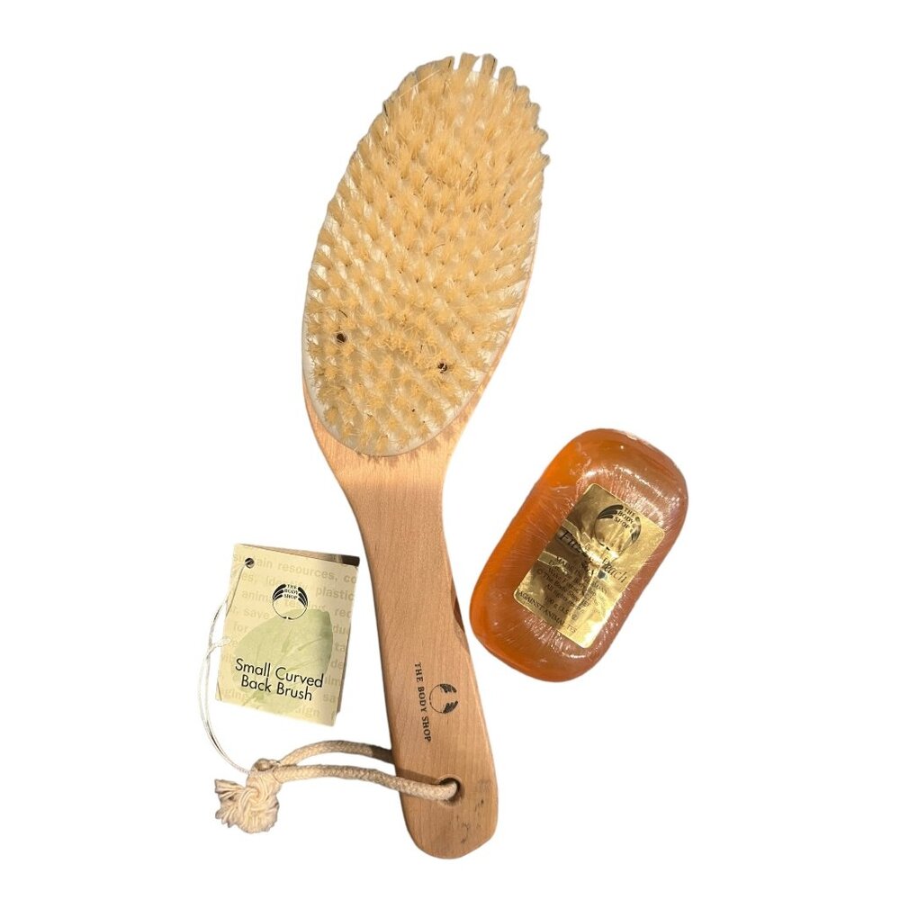 Vintage‎ NOS The Body Shop Small Curved Back Brush With Fuzzy Peach Soap Bar